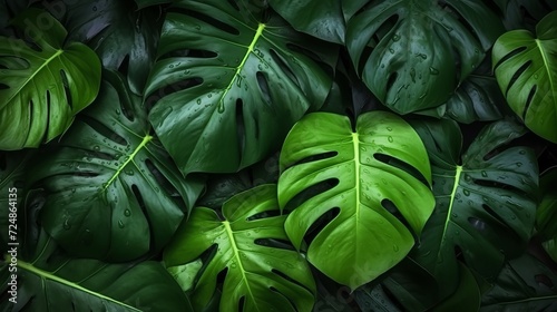 closeup nature view of green monstera leaf and palms, , generated by AI photo
