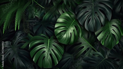 closeup nature view of green monstera leaf and palms, , generated by AI