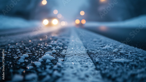 A dramatic close-up of a frosty road surface with glowing headlights in the distance