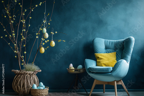 Ein gemütliches Wohnzimmer Ostern mit pastell farben und einem blauem Sessel photo