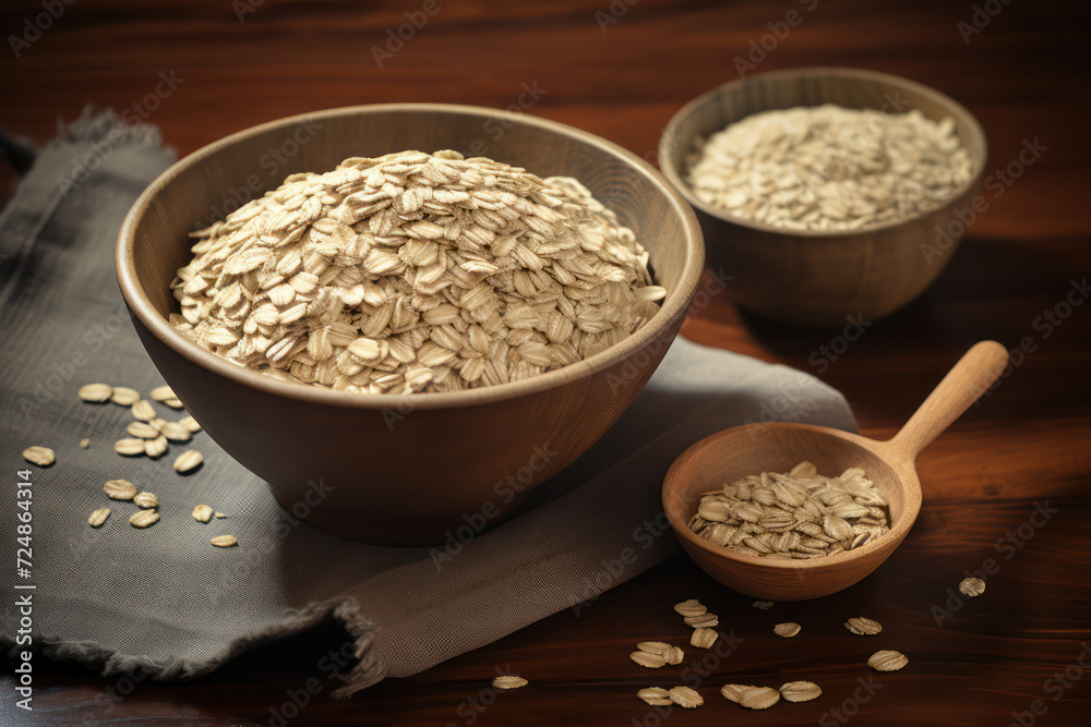Uncooked whole oats in wooden bowls with a spoon, set on a warm, rustic wooden kitchen table Uncooked whole oats in wooden bowls with a spoon, set on a warm, rustic wooden kitchen table
