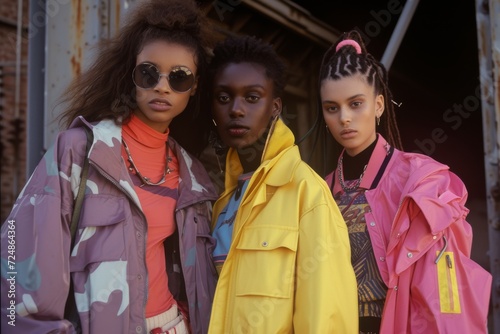 A fashion shoot with models wearing iconic Y2K brands, showcasing the era's unique blend of sporty and glamorous styles