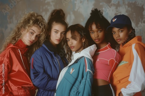 A fashion shoot with models wearing iconic Y2K brands, showcasing the era's unique blend of sporty and glamorous styles