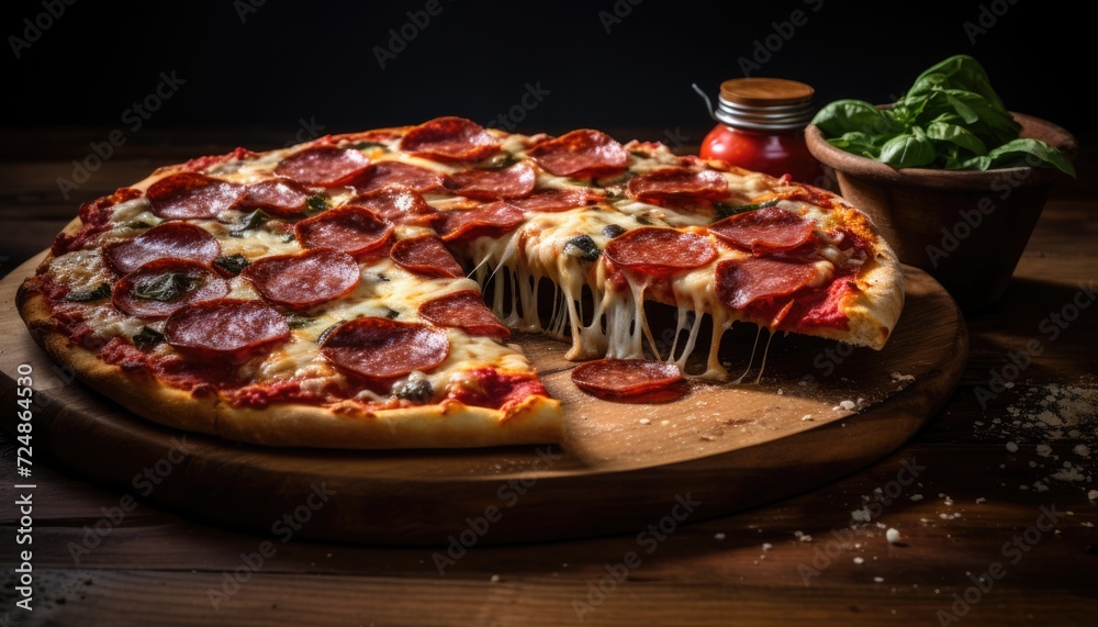 Italian Delight: A Tempting Pepperoni Pizza on a Rustic Wooden Background