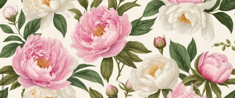 A seamless pattern of vector floral illustrations, showcasing peonies, buds, and leaves, complete with a frame and border, designed for a wedding invitation, greeting card, or poster A seamless pattern of vector floral illustrations, showcasing peonies, buds, and leaves, complete with a frame and border, designed for a wedding invitation, greeting card, or poster