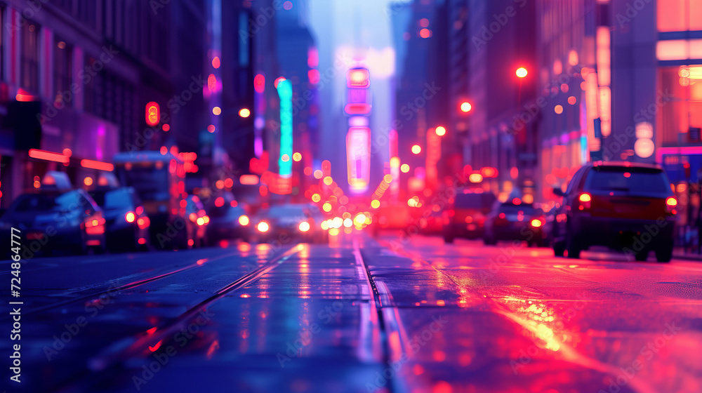 Vibrant city street at dusk bathed in neon lights and bustling activity