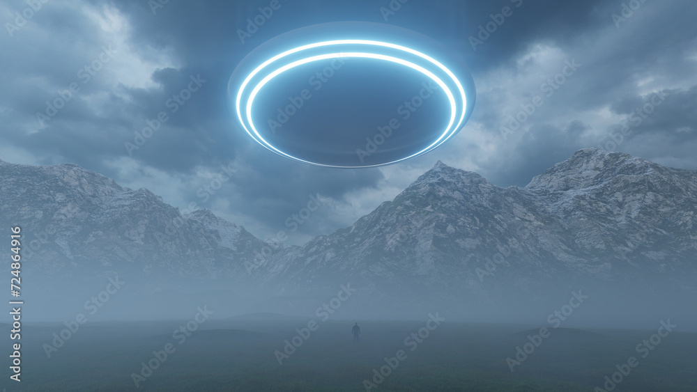 3D illustration. Contact with a UFO in the mountains in the fog. 3D illustration. Contact with a UFO in the mountains in the fog.