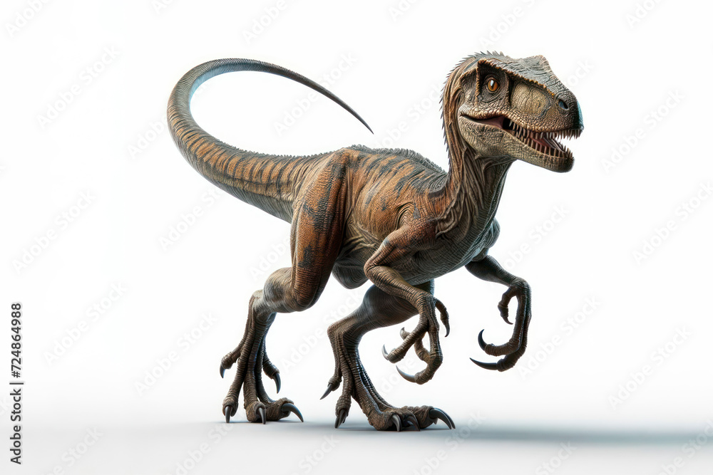 Fototapeta premium full body real photo of a Velociraptor isolated on solid white background. ai generative