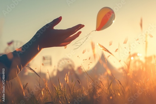 A person releases a colorful balloon into the golden sunset, capturing a moment of freedom and serenity.