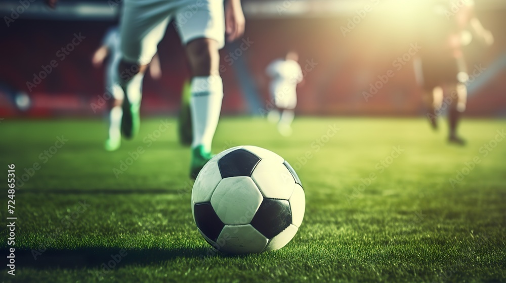 Fototapeta premium Soccer Match Intensity, Player Dribbling on Big Stadium Field