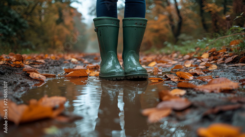 Green rubber boots stepping into a puddle surrounded by autumn leaves