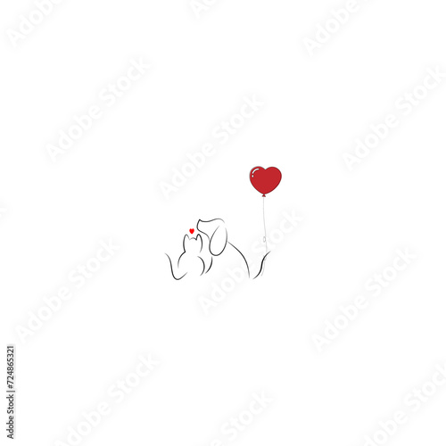 Dog and cat ,beagle dog and a cat with heart shaped balloon attached dog's tail ,love emotional , dog, puppy lover pet care line art cartoon logo vector .