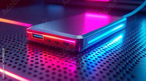 A futuristic USB port hub glowing with neon lights on a metallic surface with vivid colors photo