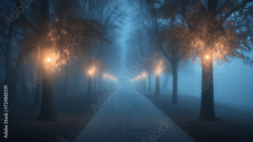 Mystical foggy avenue illuminated by vintage street lamps on a serene night. photo