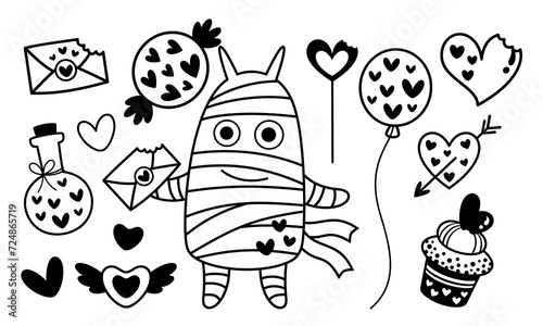 Fototapeta Naklejka Na Ścianę i Meble -  Black and white Monster Valentines clipart. Valentines Day clipart. Monster love in cartoon flat style. Vector illustration.