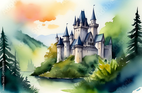 A watercolor magical ancient medieval Gothic castle stands in the forest