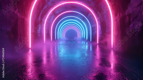 3d render  abstract background  cosmic landscape  round portal  pink blue neon light  virtual reality  energy source  glowing round frame  dark space  Generative AI 