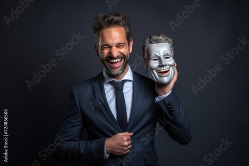 A man dressed in a suit holds a mask in his hand, emphasizing the concept of concealment and identity.