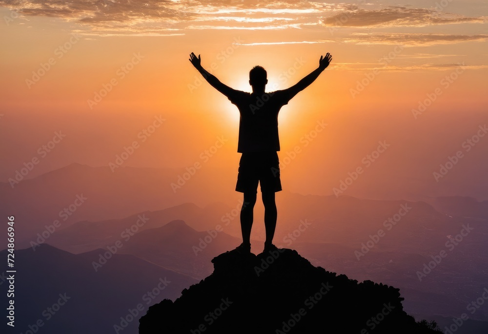 A silhouette of a man standing victorious on the peak of a mountain