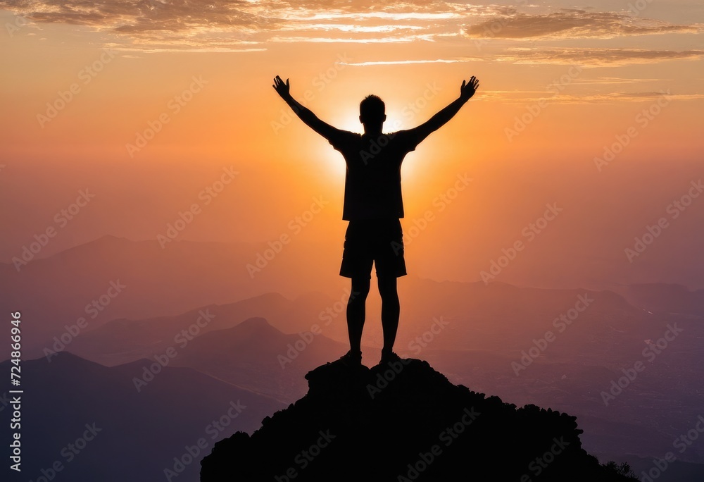 Fototapeta premium A silhouette of a man standing victorious on the peak of a mountain