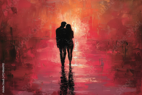 Silhouette of a couple embracing in a vibrant red abstract setting, conveying warmth and love.