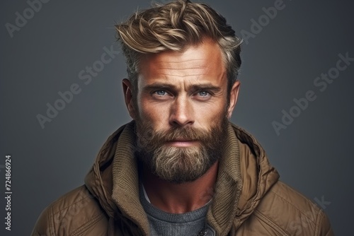 A man with a beard is seen wearing a jacket in this straightforward and factual image. © pham