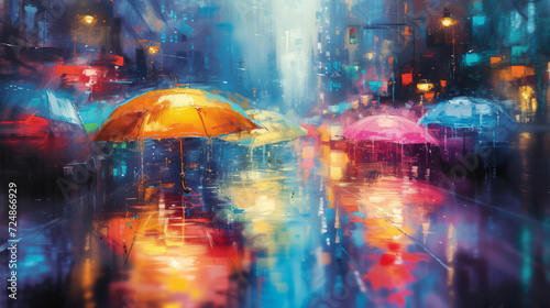 Colorful umbrellas on a vibrant  rainy city street at dusk create an enchanting scene.
