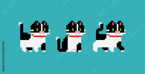 Black and White Cat or Kitten in pixel art - isolated vector. Cute kawaii style pixel cats with white and black spots. Cute pixel kitten design for stickers, icons, puzzle and mosaic 