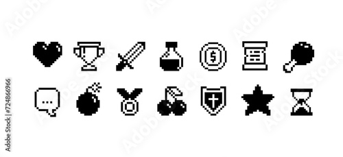 Vector 8-Bit Pixel Art app icons set. Simple icons in retro vodeo game style. Sword, heart, coin, shield, medal, bomb and more pixel graphics signs and symbols. Vintage arcade game elements. 