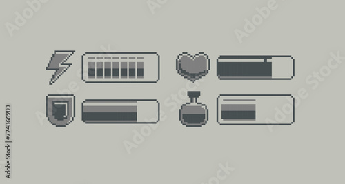 Monochrome Pixel Battery charge scale icon. Health and Energy load bar. Energy, Mana, Armor, Health icon set in 8-bit retro game style. Retro pixel game or app interface elements and icons	
