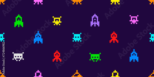 Vector Pixel Art 8-bit space arcade style seamless pattern colorful retro video game icons background of ufo aliens and spaceships
