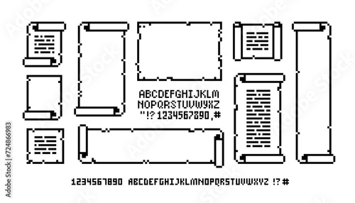 Vintage pixel ribbons and scrolls frame in 8-bit game style. Ancient manuscripts, map, border blank parchment banners. Retro game assets. Editable isolated vector
