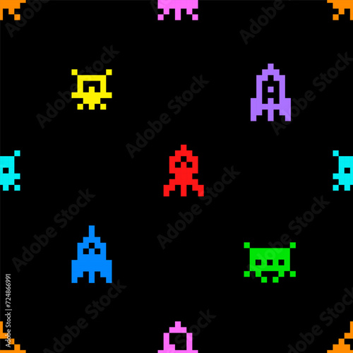 Vector Pixel Art 8-bit space arcade style seamless pattern colorful retro video game icons background of ufo aliens and spaceships	
