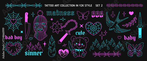 Y2k neon tee print set 1 in 1999s 2000s style. Y2k opium style heart, butterfly, chain, heart, sallow, apparel printsdesign Goth Tattoo line art stickers. Printable vector designs