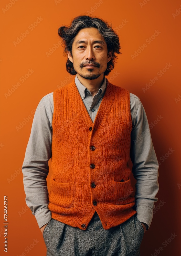 Fototapeta premium A professional man wearing a vest and tie stands confidently in front of a vibrant orange wall.