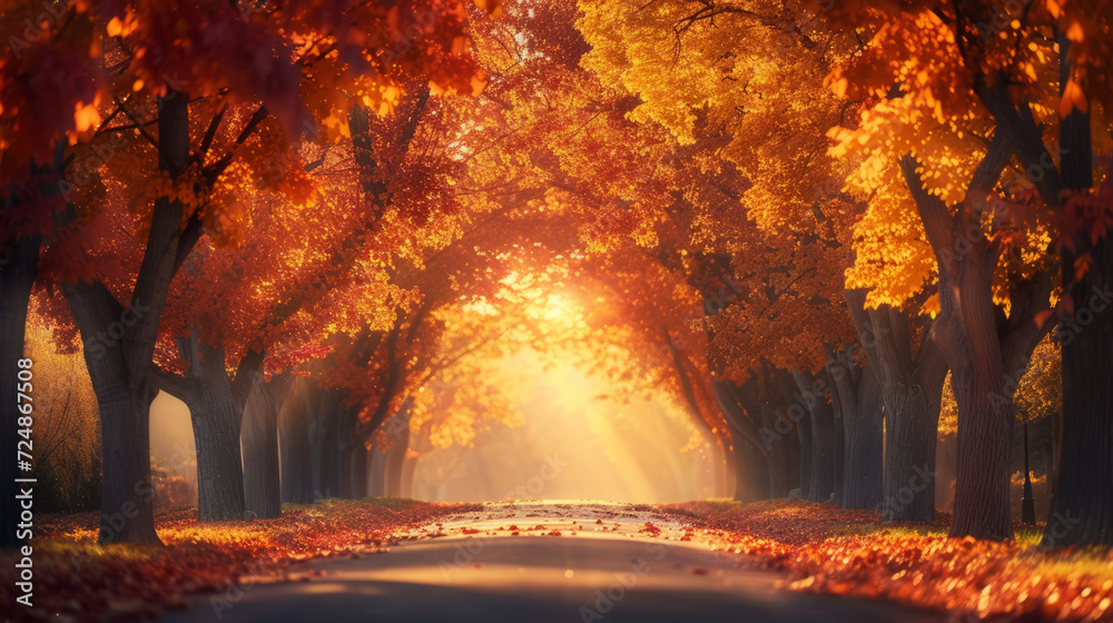 Sunlit autumn avenue lined with trees shedding golden leaves in a serene park