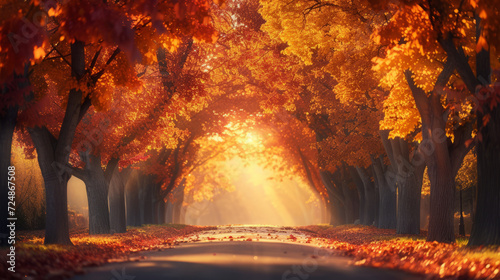 Sunlit autumn avenue lined with trees shedding golden leaves in a serene park