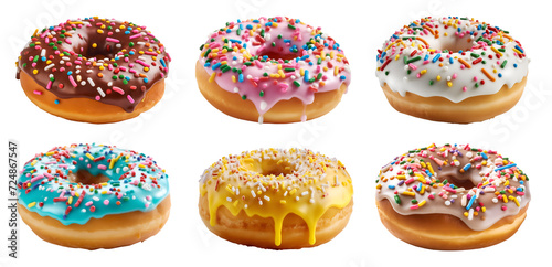 Collection of round donut doughnut, glazed sprinkles set, side view on transparent background cutout, PNG file. Many assorted different. Mockup template for artwork