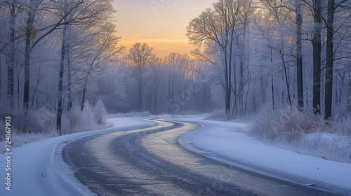 Winter wonderland with a snowy path winding through frost-covered trees at sunrise. © rorozoa