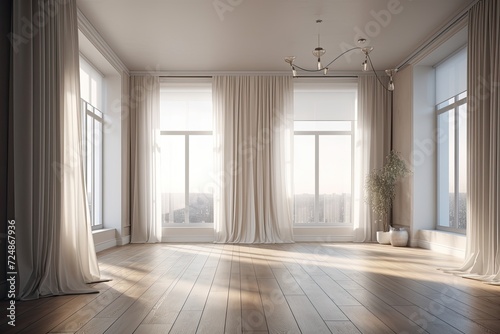 White walls, a parquet floor, a large panoramic window, and sunlight fill an empty space