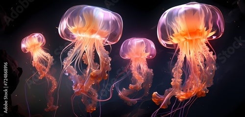AI-created bio-luminescent jellyfish drifting through an endless void of darkness, creating a mesmerizing aquatic spectacle