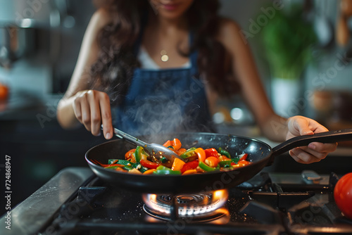 Asian girl cooks on gas. Concept of reducing gas use to reduce emissions into the atmosphere