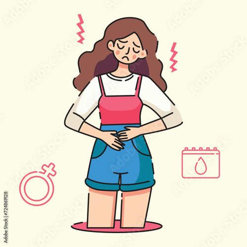 menstruating women and has a stomach pain, women period day flat design vector illustration