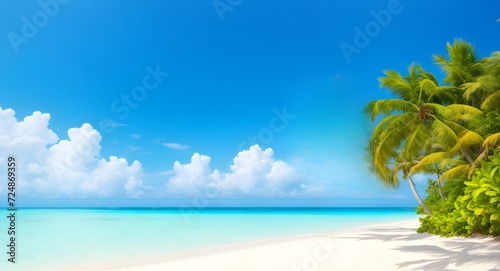 Beautiful beach with few palm trees and blue sky