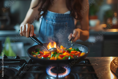 Asian girl cooks on gas. Concept of reducing gas use to reduce emissions into the atmosphere