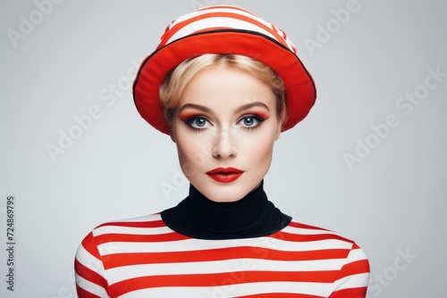 A woman dressed in a red and white striped shirt and a red hat stands in front of a backdrop.