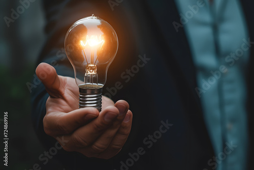 Hand holding a bright light bulb, symbolizing innovation and creative ideas in business and technology