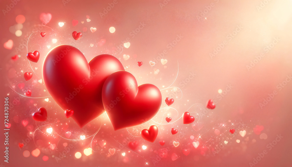 Romantic Valentine's Day background featuring two red hearts. The hearts should be beautifully rendered, symbolizing love , Created by using generative AI tools	
