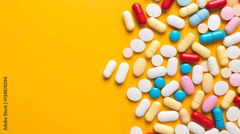 variety of colorful pills on yellow background