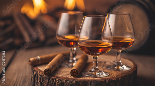 Cigar And Cognac, Glass of whiskey or cognac with ice cubes and smoking a cigar, cognac brandy on a wooden background, A glass with whiskey and a cigar next to it on a beautiful wooden, Generative Ai, photo
